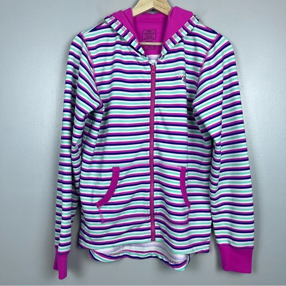 Nike Girls Striped Full Zip Perfromance Jacket with Nike Logo Size XL Activewear